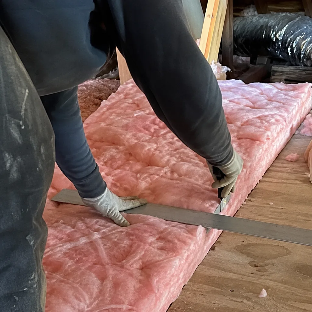 Contractor cutting fiberglass attic insulation roll with straight edge