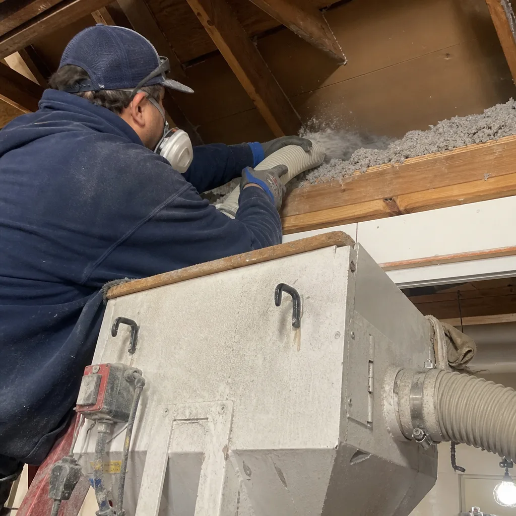 Contractor installing professional blown-in cellulose insulation in an open ceiling