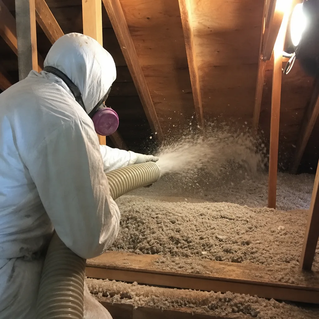 Professional contractor installing blown-in attic insulation for home energy efficiency