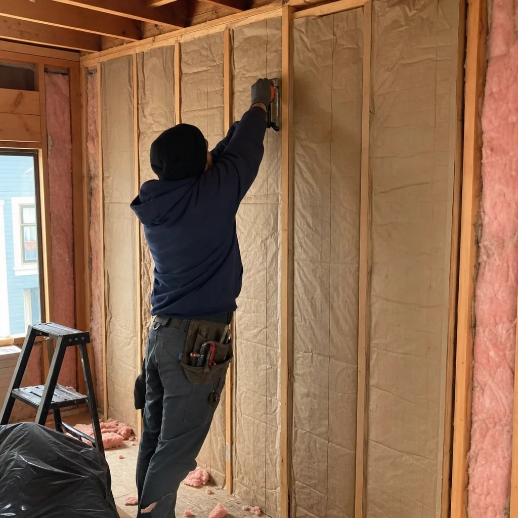 Professional installer securing fiberglass insulation batts between wall studs